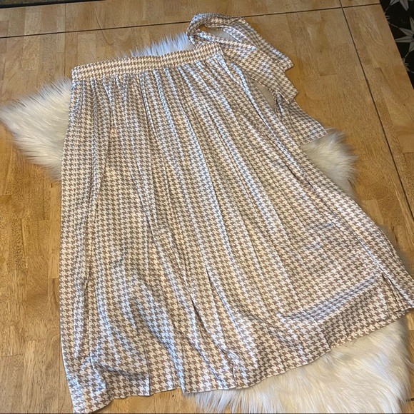 Vintage Beige Houndstooth Pleated Midi Skirt w Belt Tie L - Picture 10 of 10